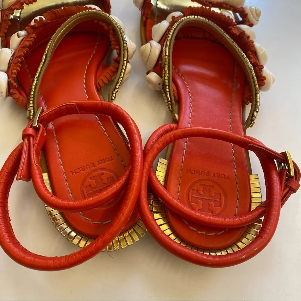 Tory Burch || Sinclair‎ Seashell Sandal Strappy Fringe Gold Orange Red 7.5